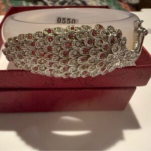 Crystal & Pink Rhinestone White Bangle Bracelet